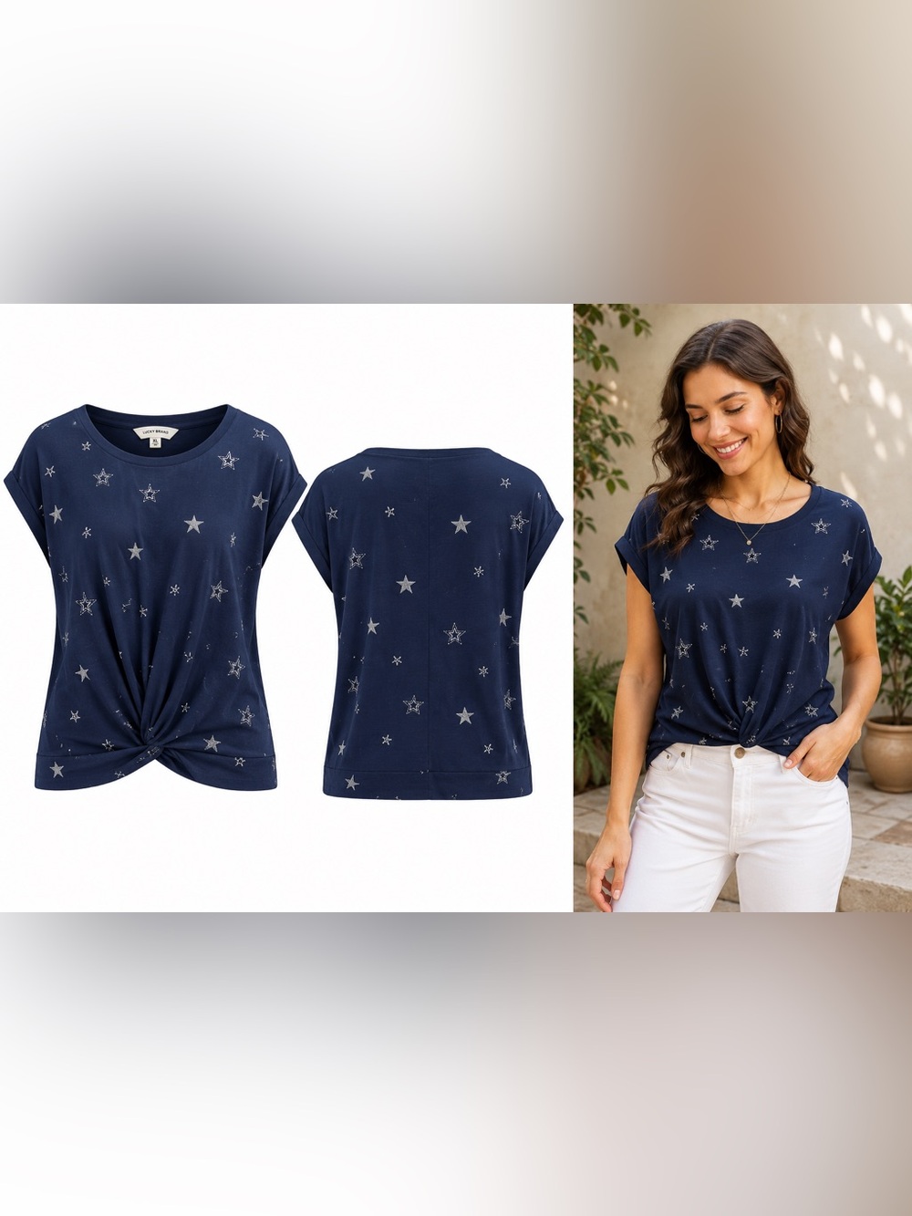 Lucky Brand Navy Short Sleeve Top with Silver Star Print